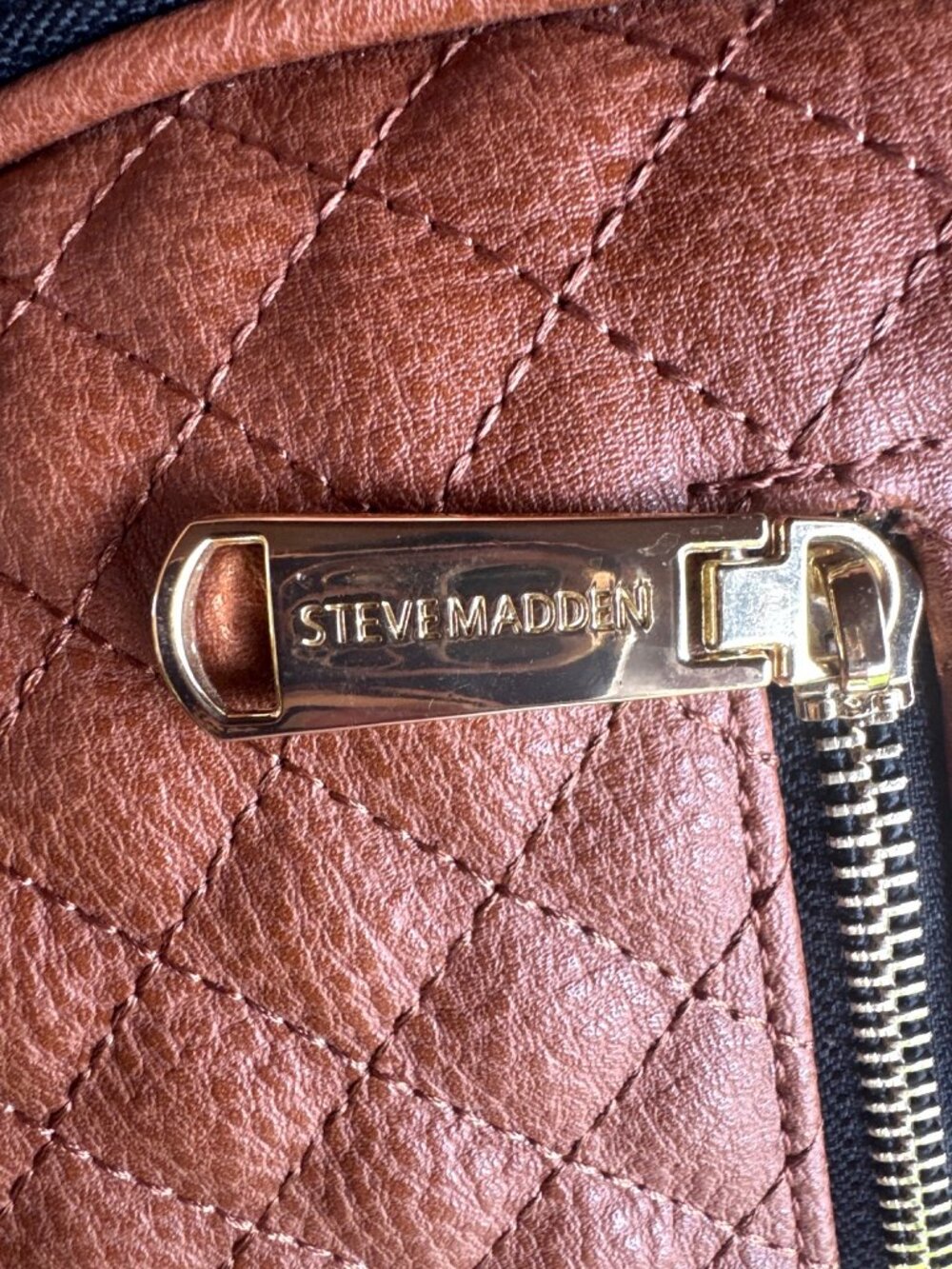 Steve Madden Quilted Cognac Faux Leather Mini Backpack Travel Work Quiet Luxury - Picture 5 of 14